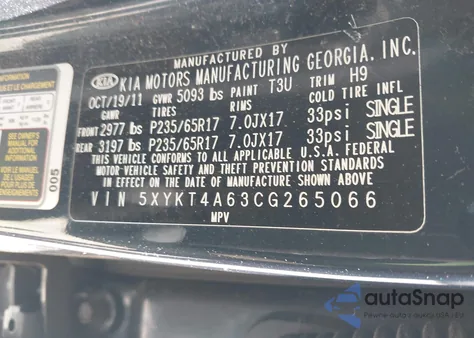 2012 Kia Sorento Lx из США, поврежденный, VIN 5XYKT4A63CG265066